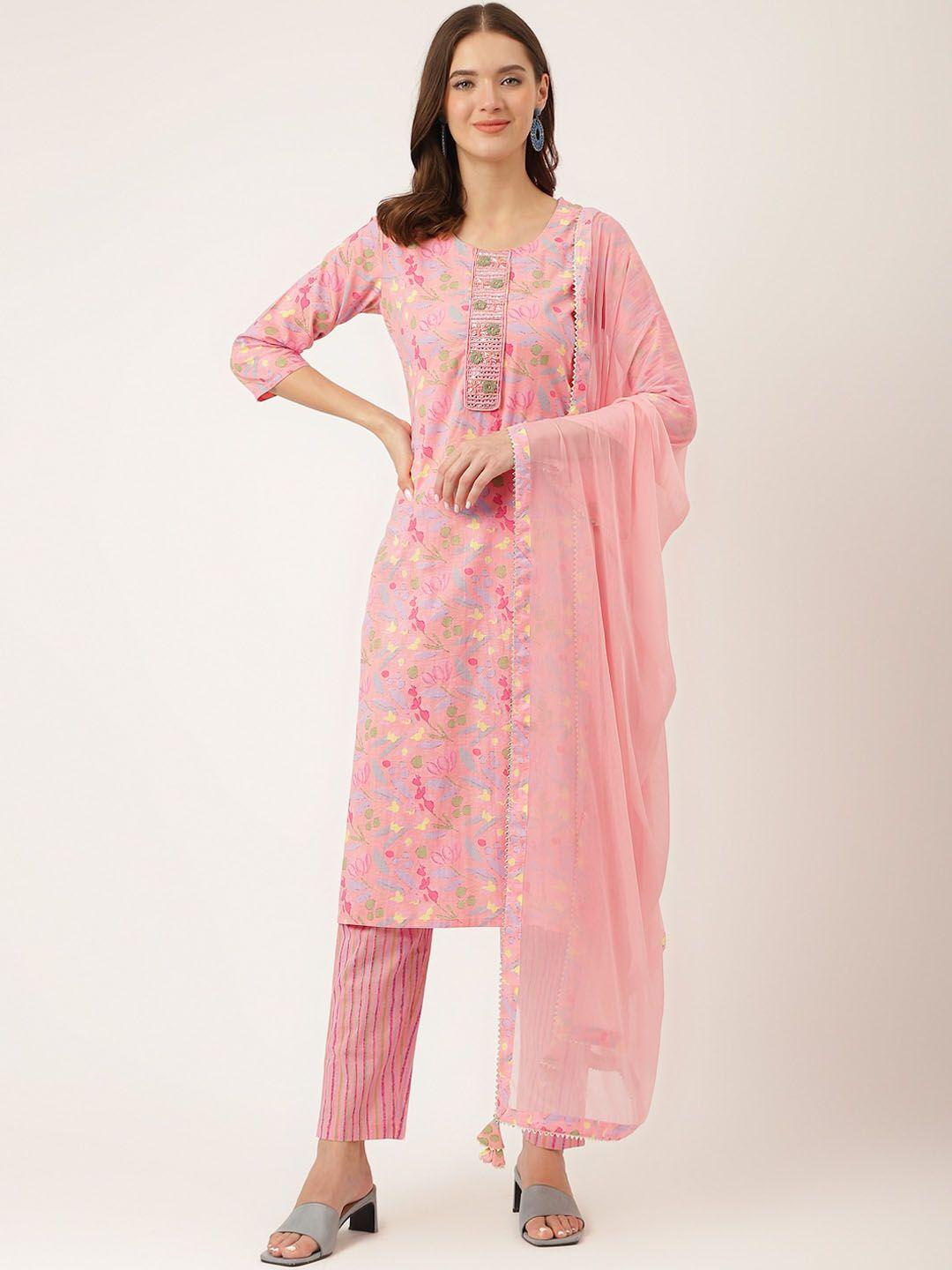 kalini floral printed mirror work pure cotton kurta with trousers & dupatta