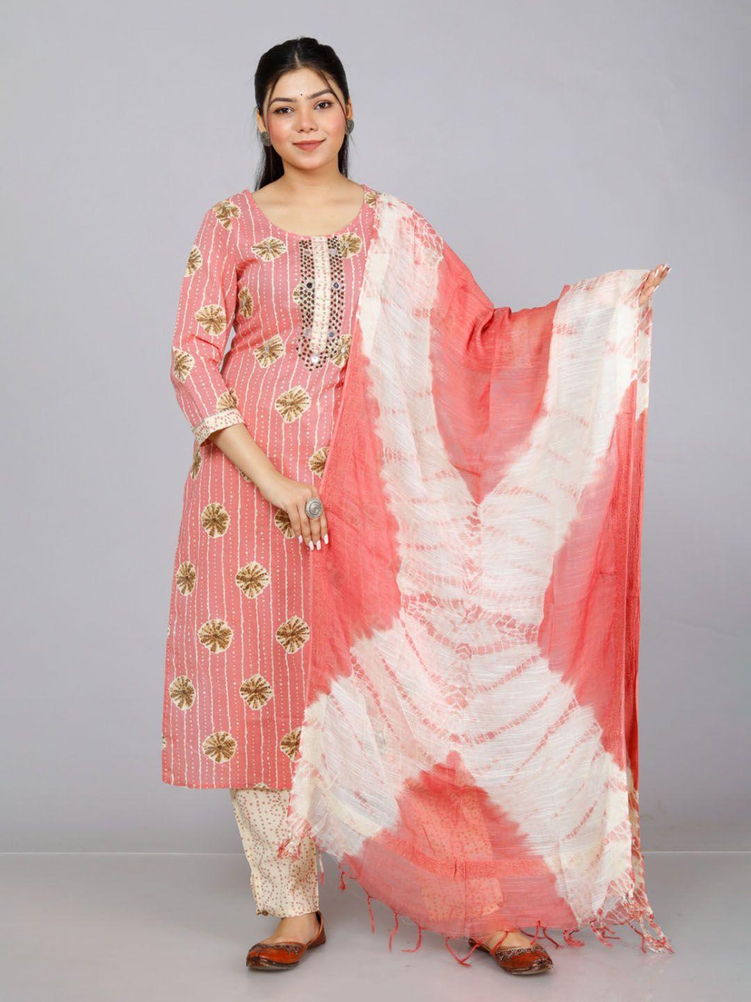 kalini floral printed mirror work pure cotton regular kurta with trousers & dupatta