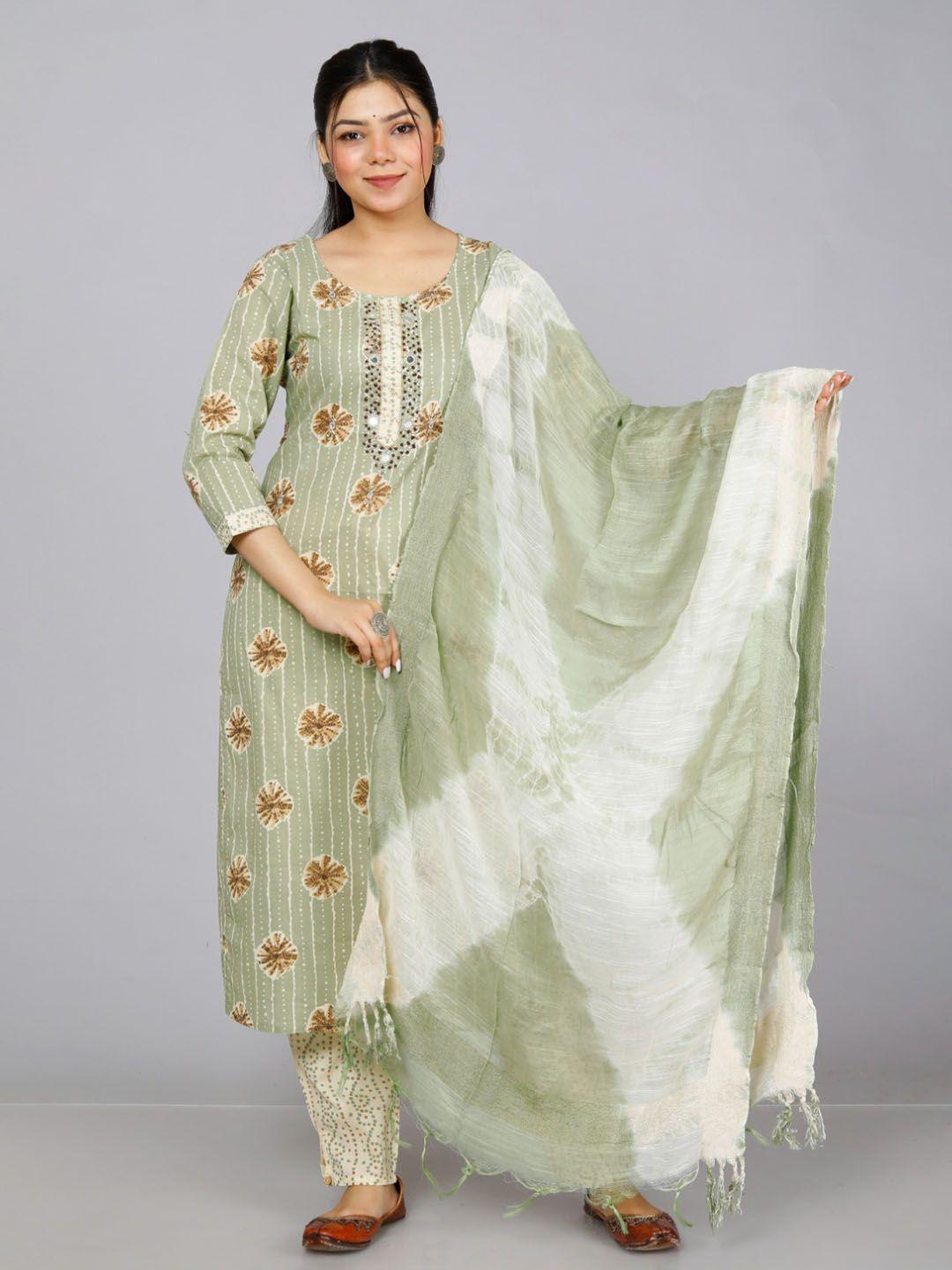 kalini floral printed mirror work pure cotton straight kurta & trousers & with dupatta