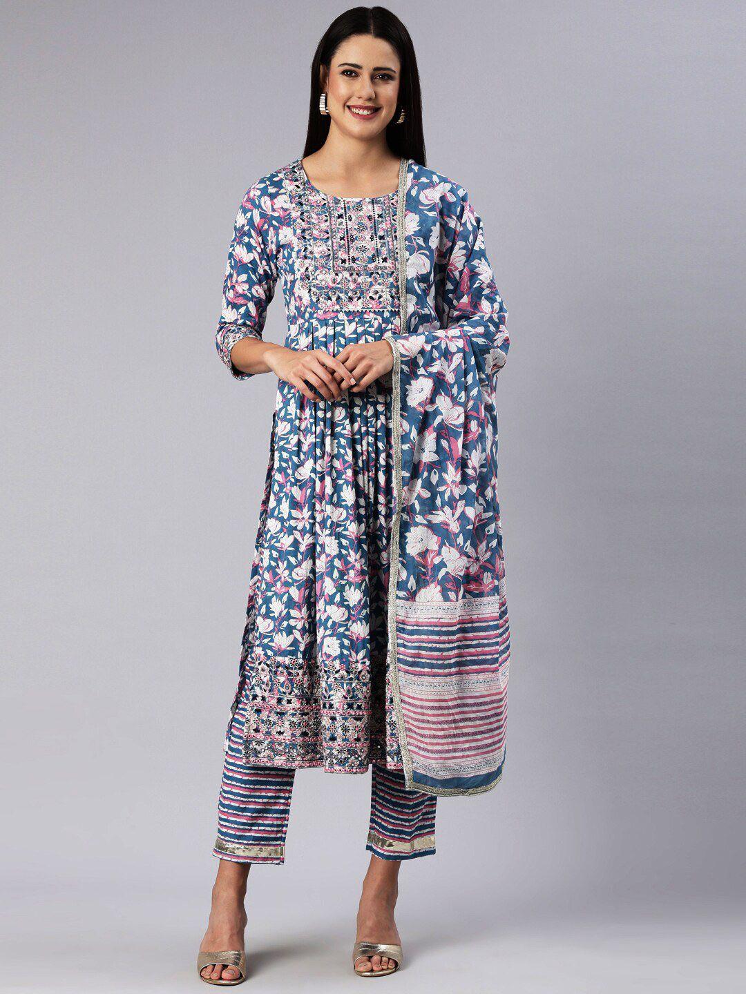 kalini floral printed mirror work pure cotton straight kurta & trousers with dupatta