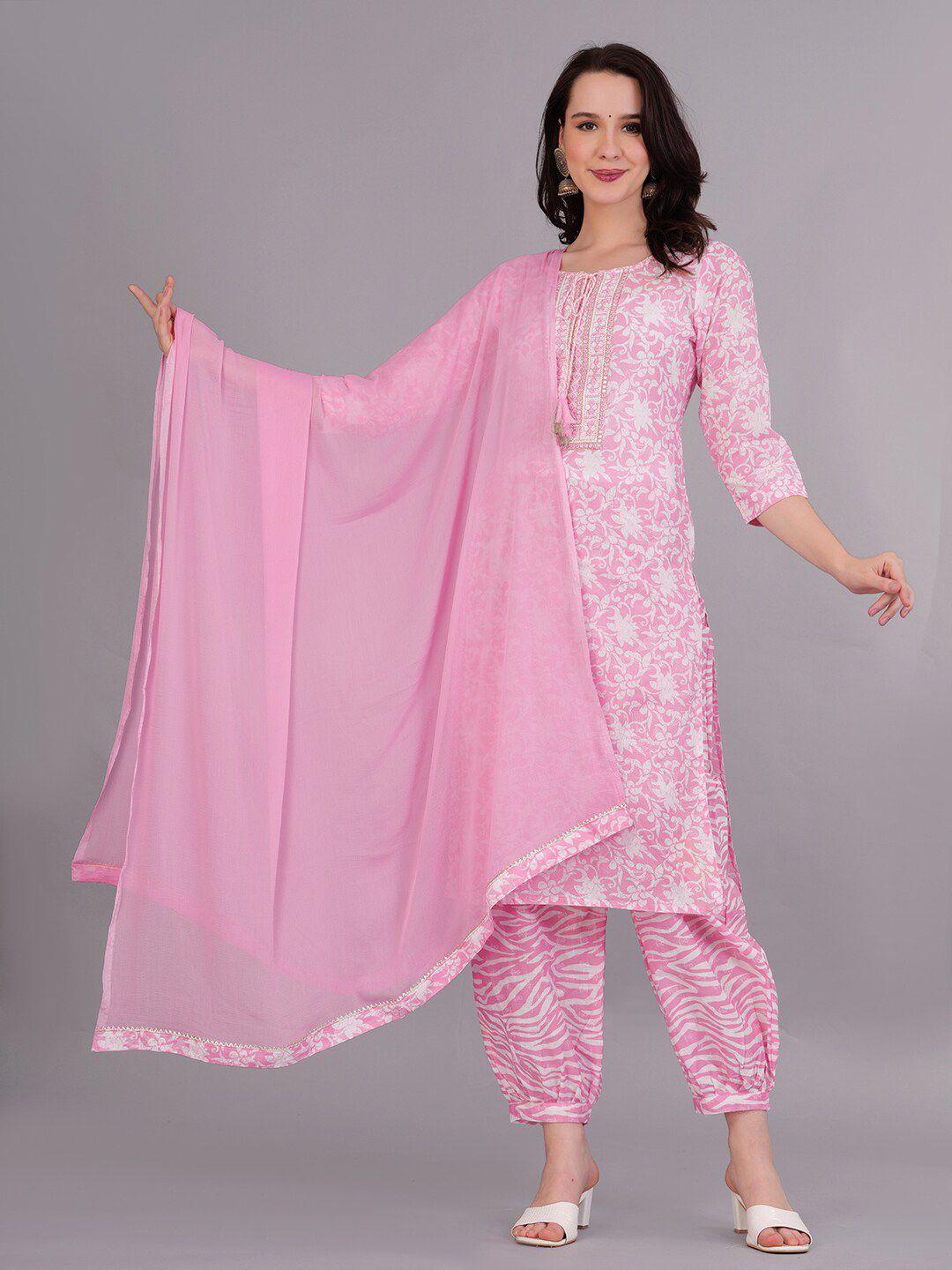 kalini floral printed mirror work tie-up neck pure cotton kurta with trousers & dupatta