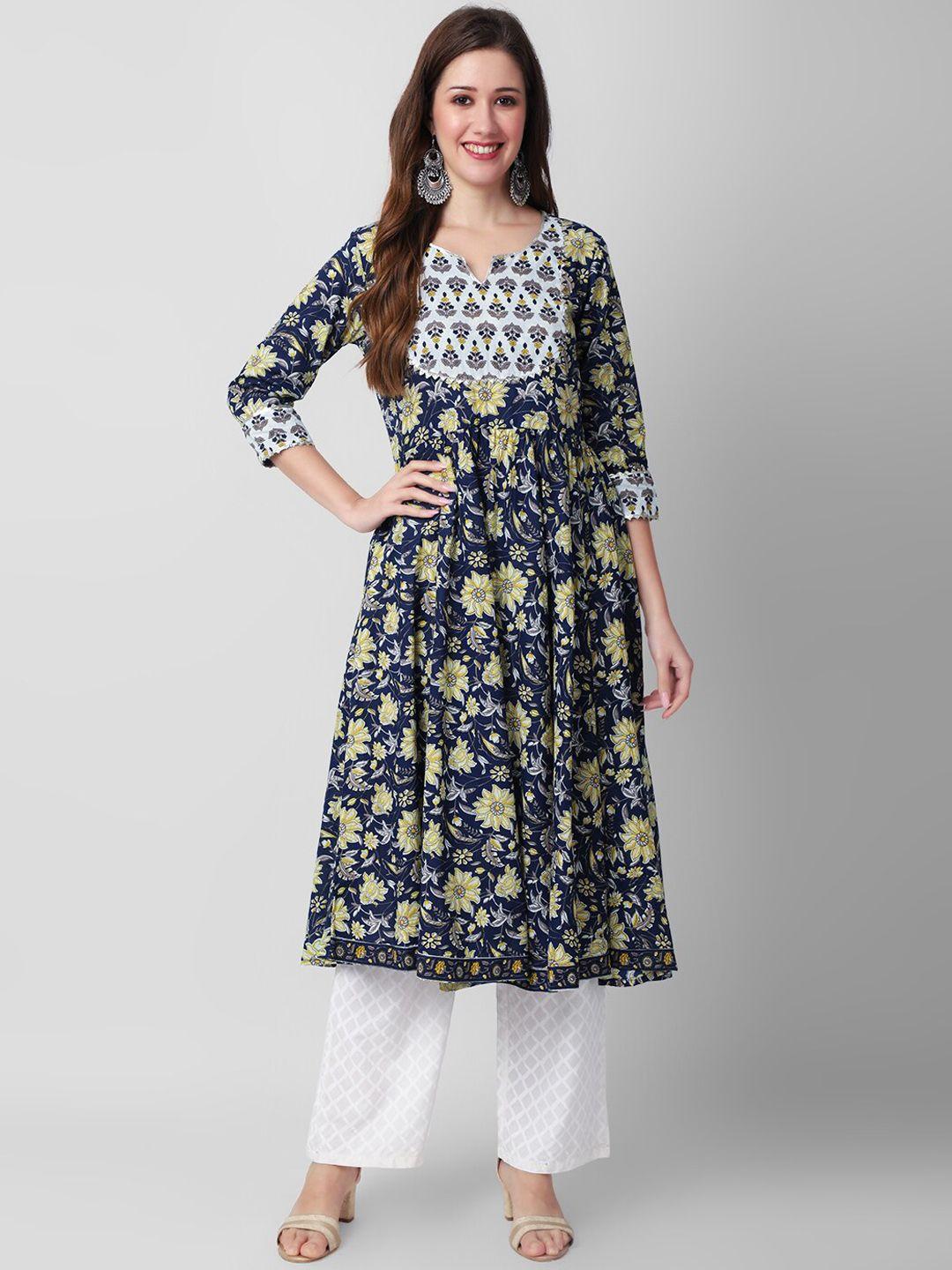 kalini floral printed notched neck gotta patti pure cotton anarkali kurta