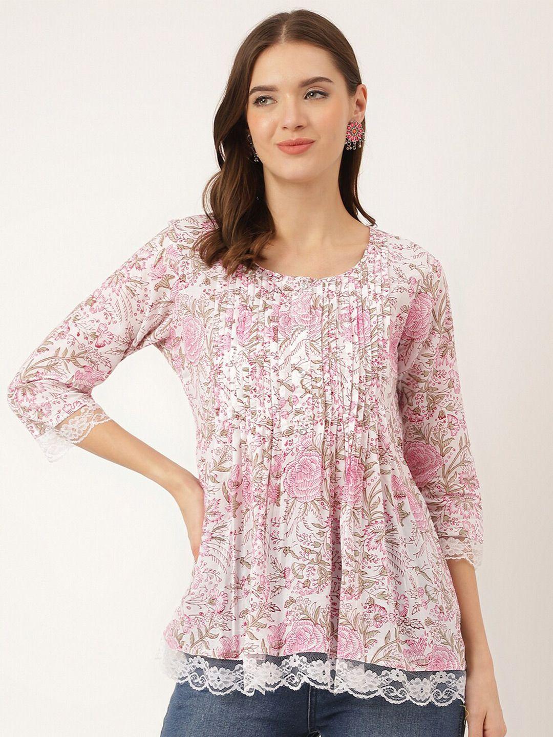 kalini floral printed pintuck & lace frills detail cotton top