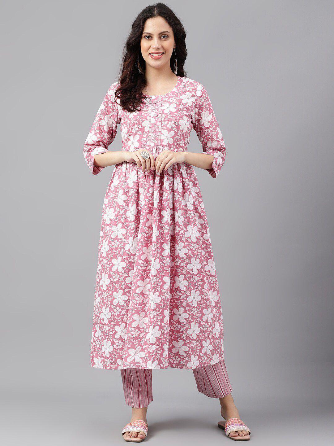 kalini floral printed pleated  a-line pure cotton kurta set