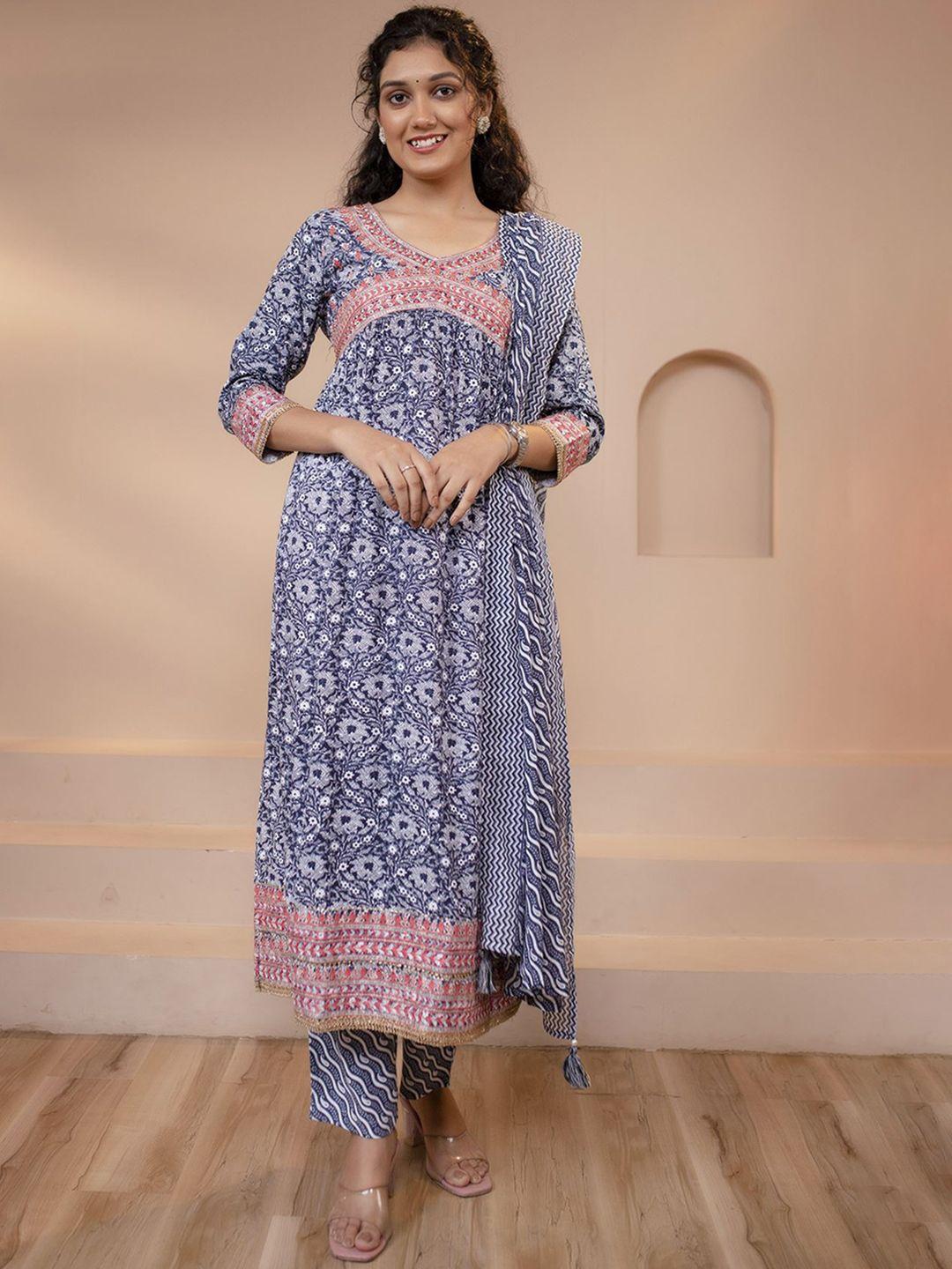 kalini floral printed pleated a-line kurta & trousers with dupatta