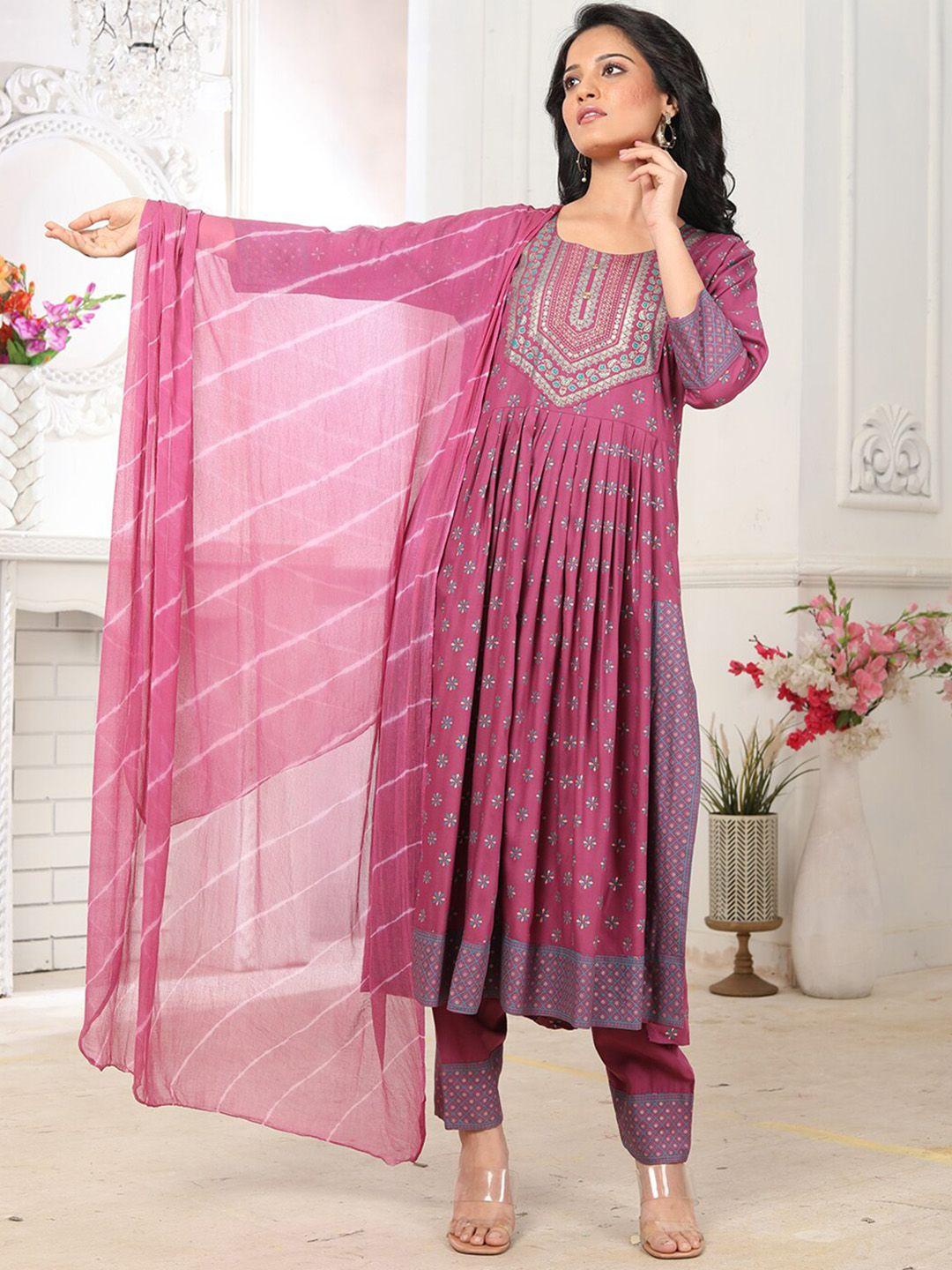 kalini floral printed pleated a-line kurta with trousers & dupatta
