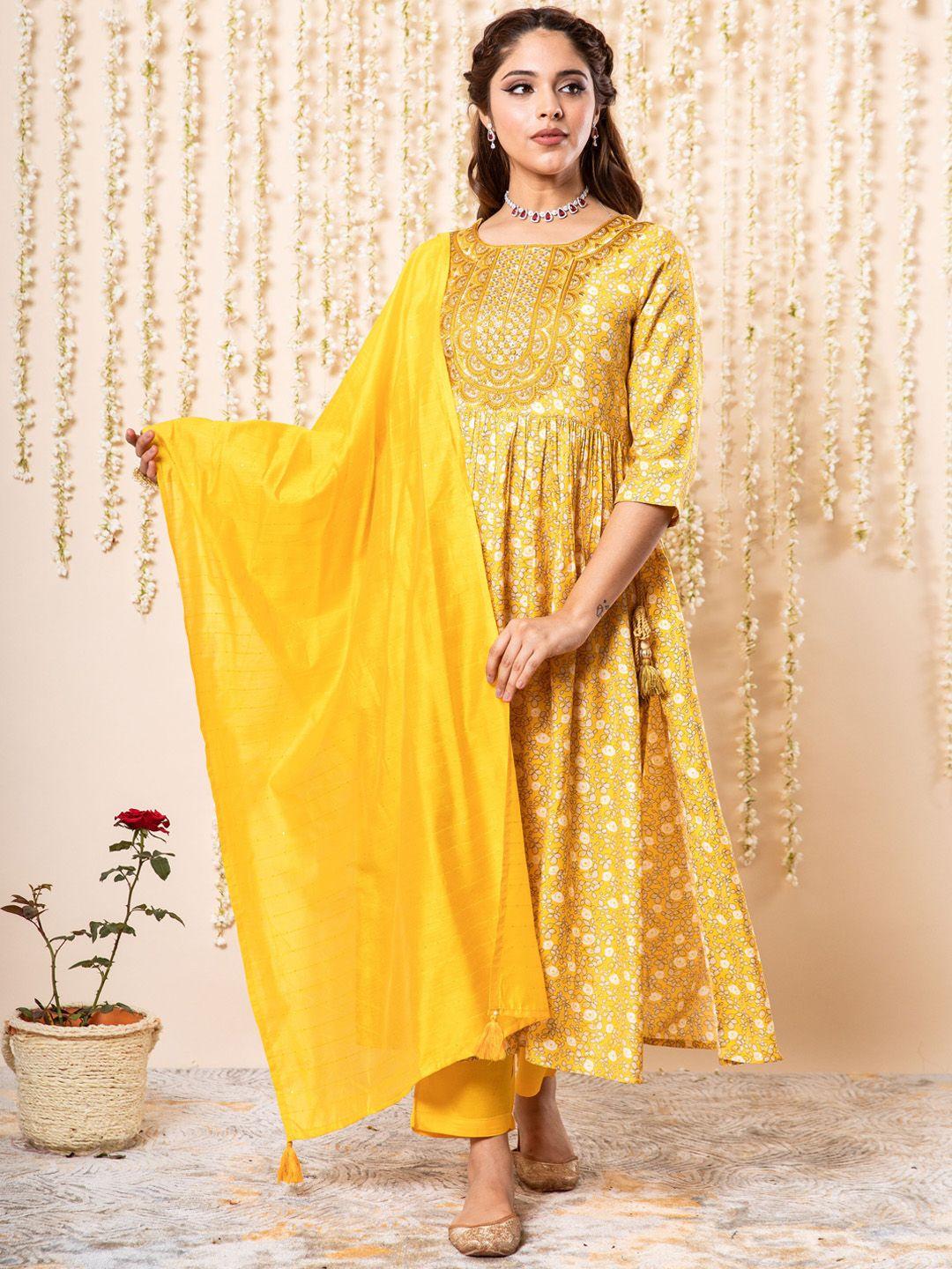 kalini floral printed pleated a-line pure cotton kurta & trousers with dupatta