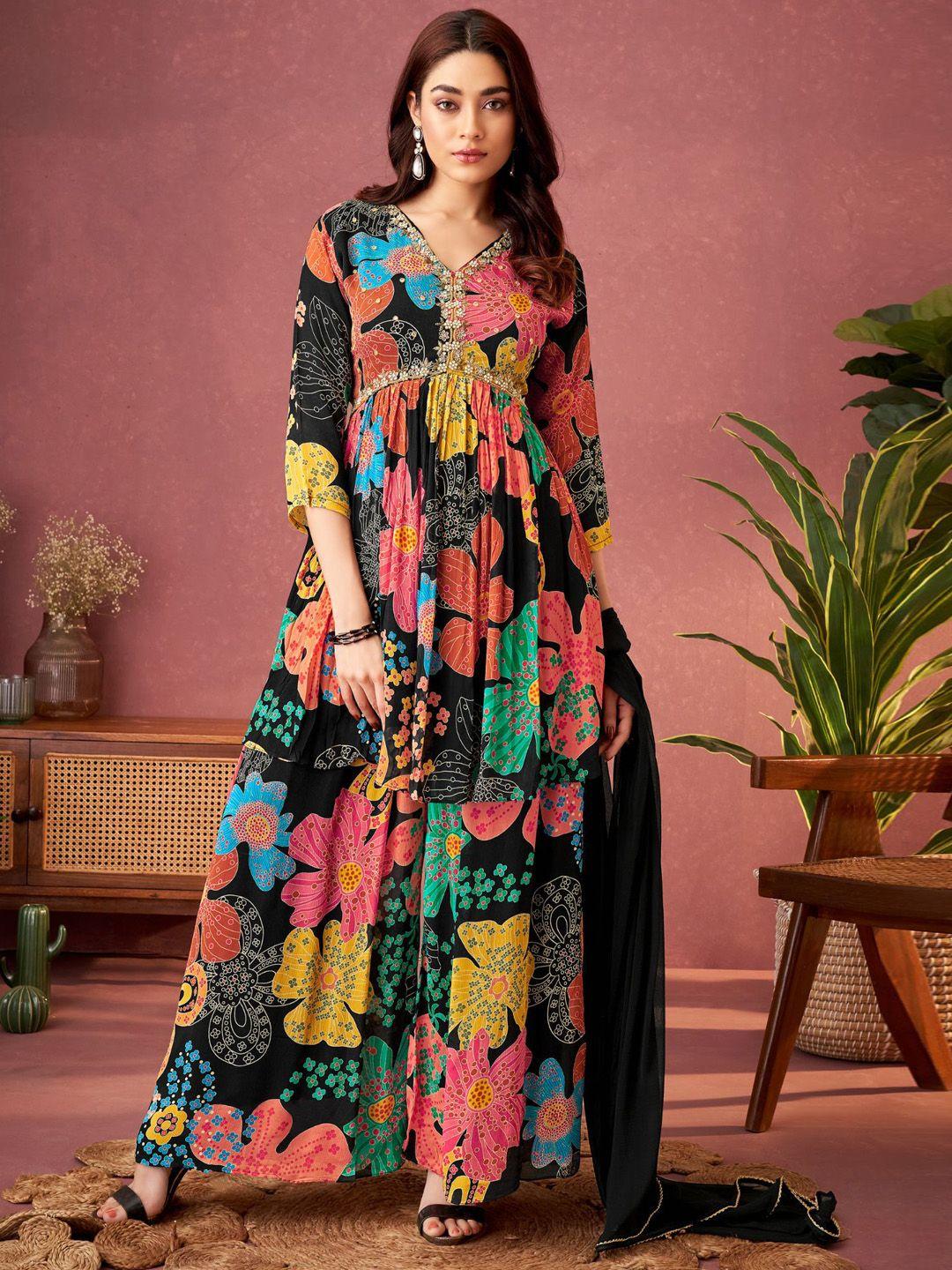 kalini floral printed pleated beads and stones anarkali kurti with palazzos & with dupatta