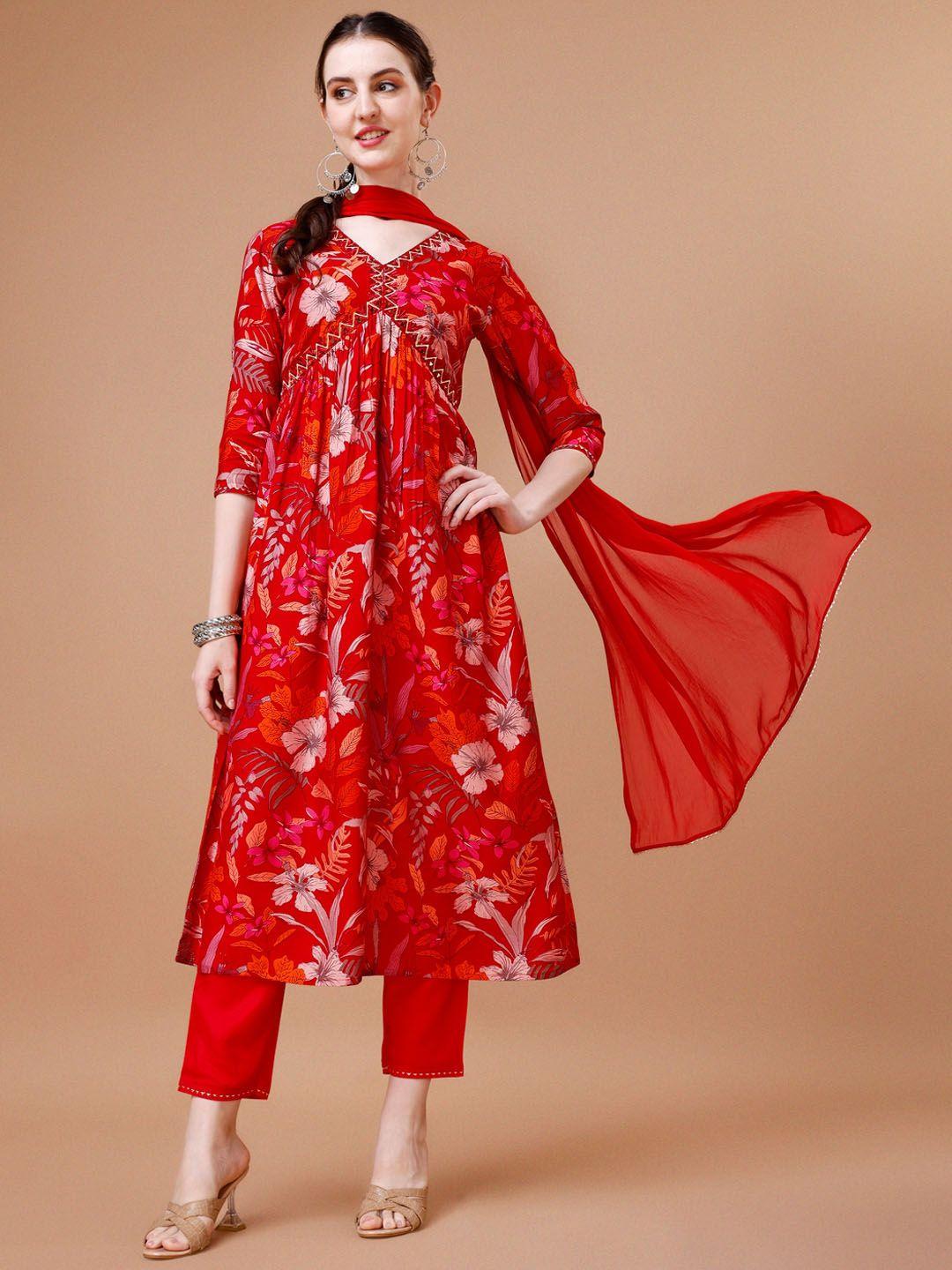 kalini floral printed pleated chanderi silk kurta with trousers & dupatta