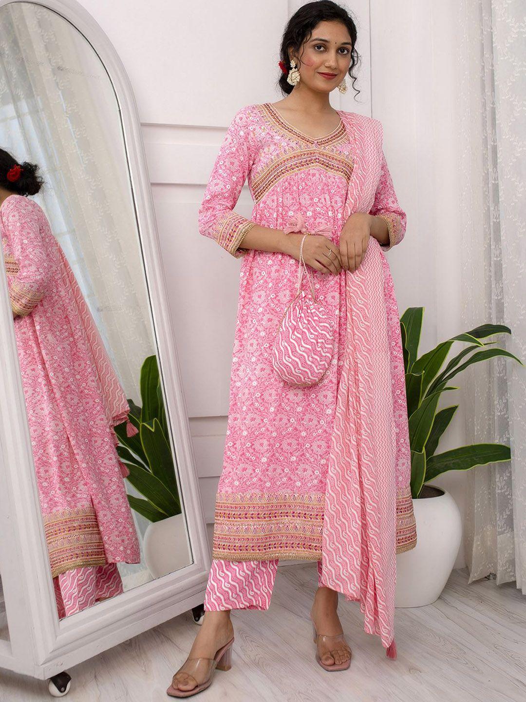 kalini floral printed pleated empire beads and stones kurta set with dupatta