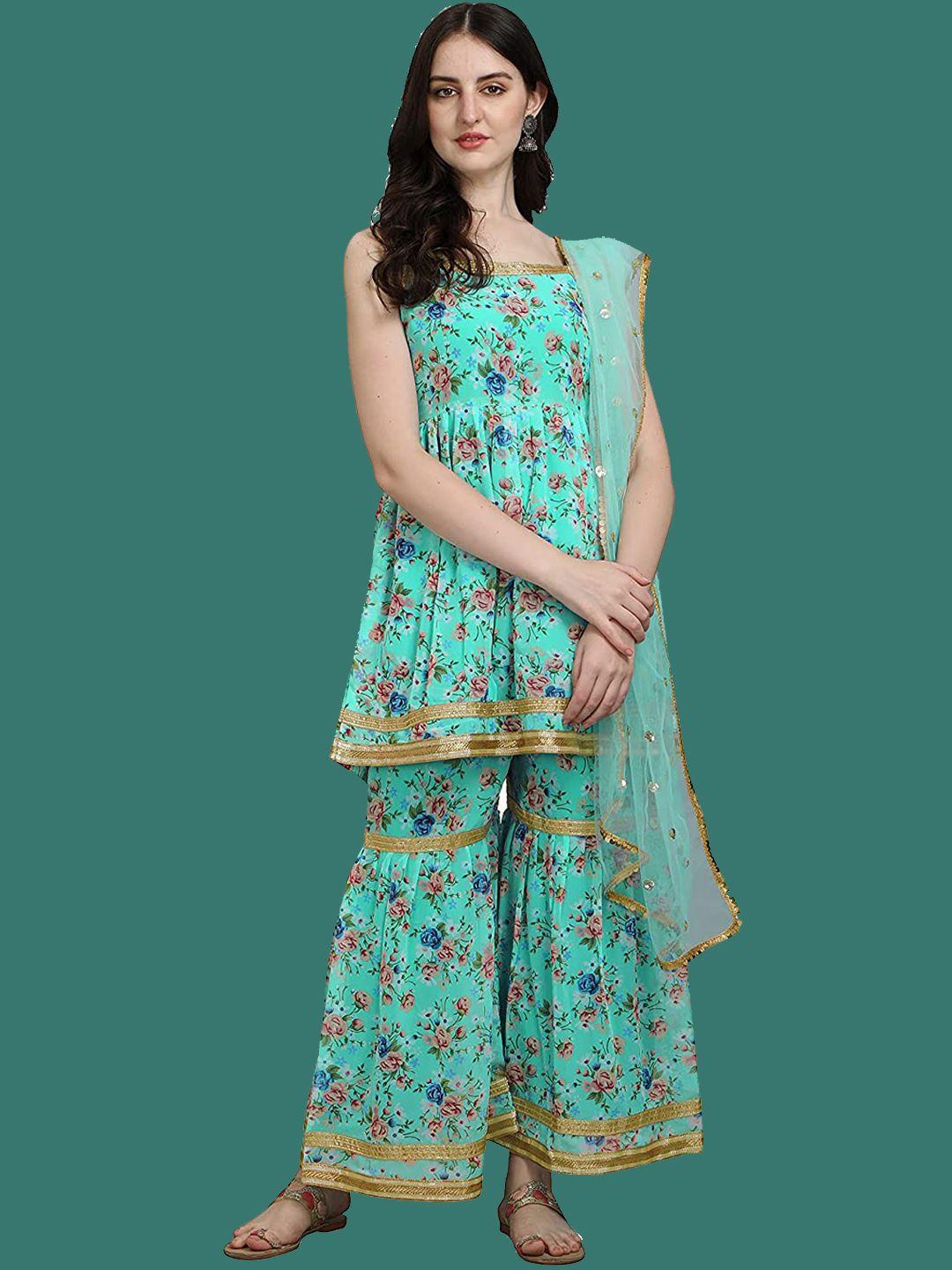 kalini floral printed pleated kurta with sharara & dupatta