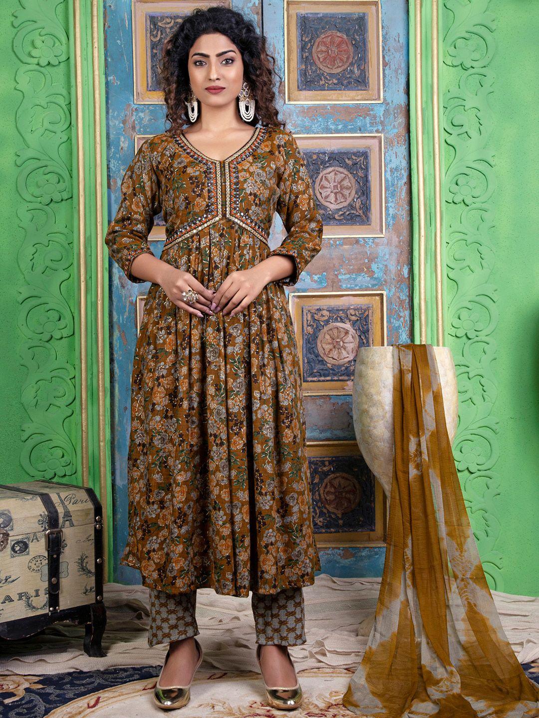 kalini floral printed pleated kurta with trousers & with dupatta