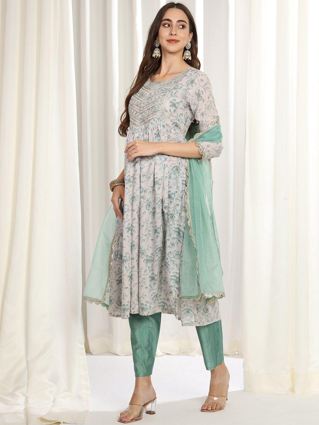 kalini floral printed pleated mirror work pure cotton a-line kurta with trousers & dupatta