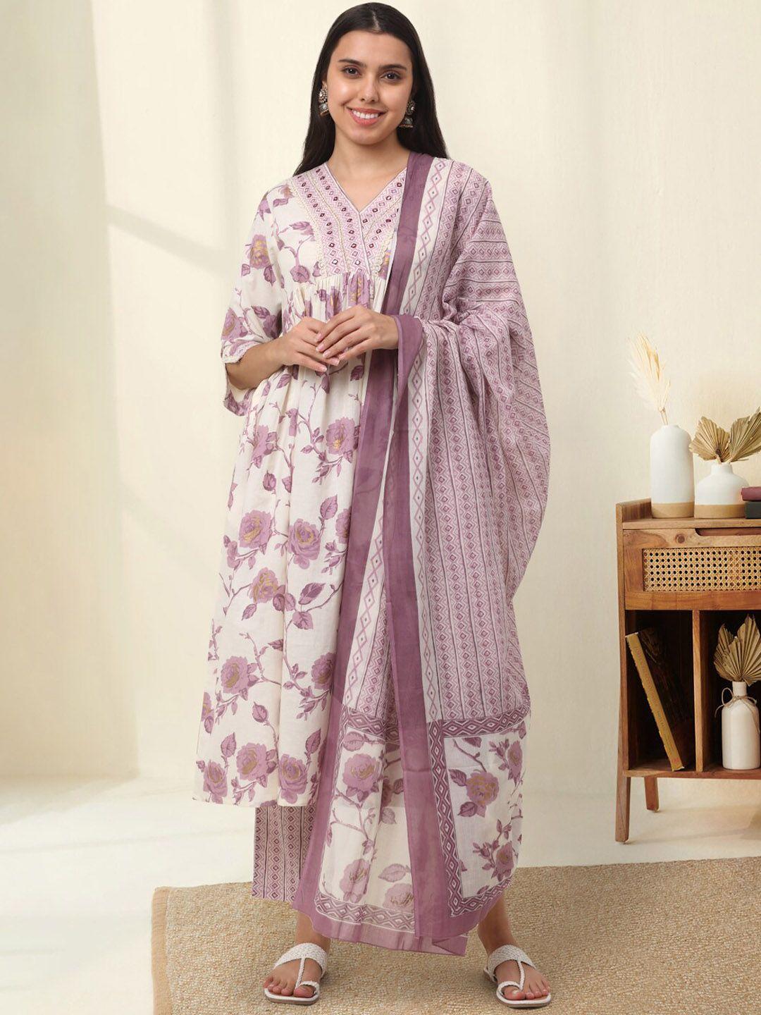 kalini floral printed pleated mirror work pure cotton kurta with trousers & dupatta