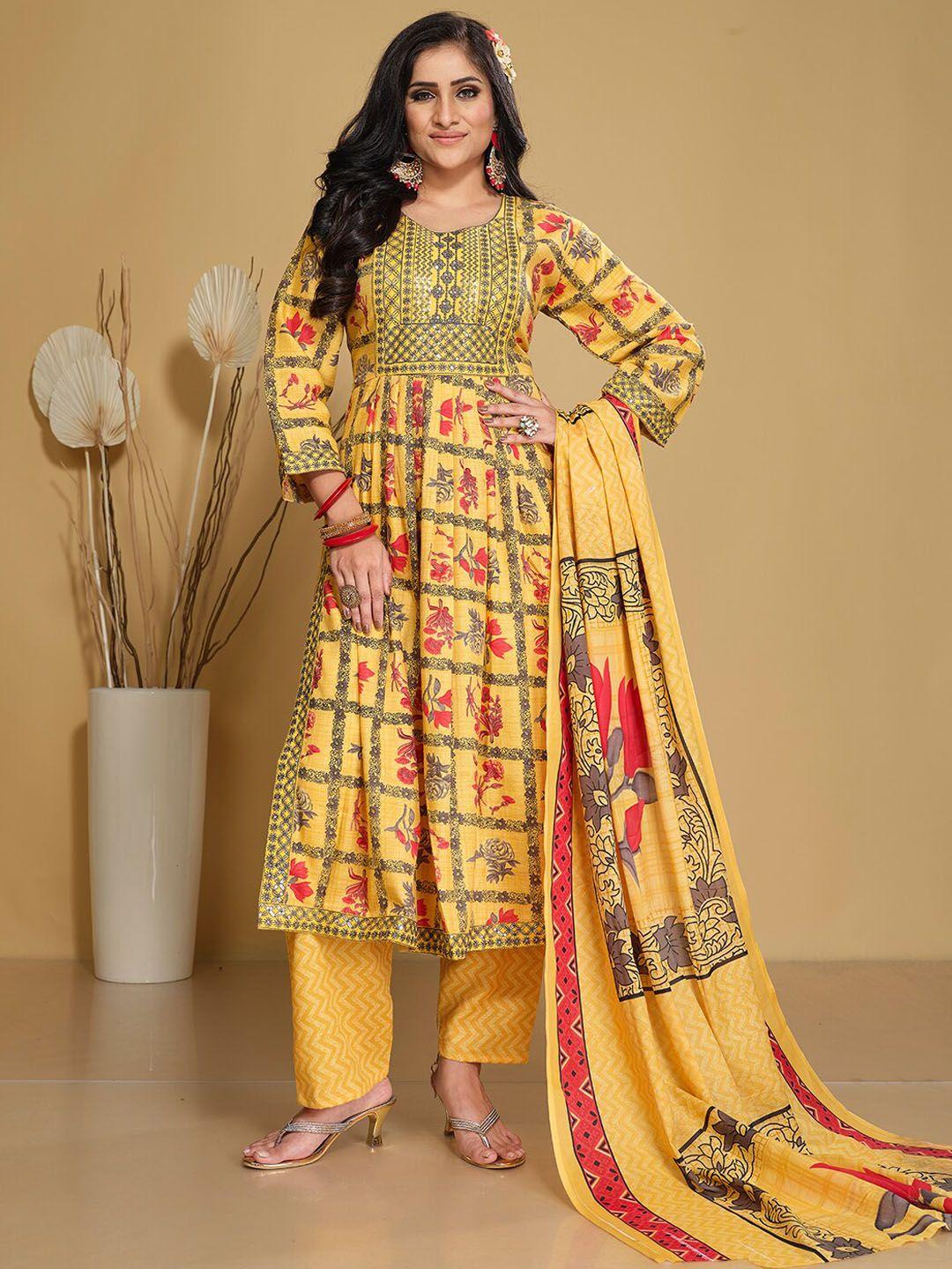 kalini floral printed pleated sequinned kurta with trousers & with dupatta