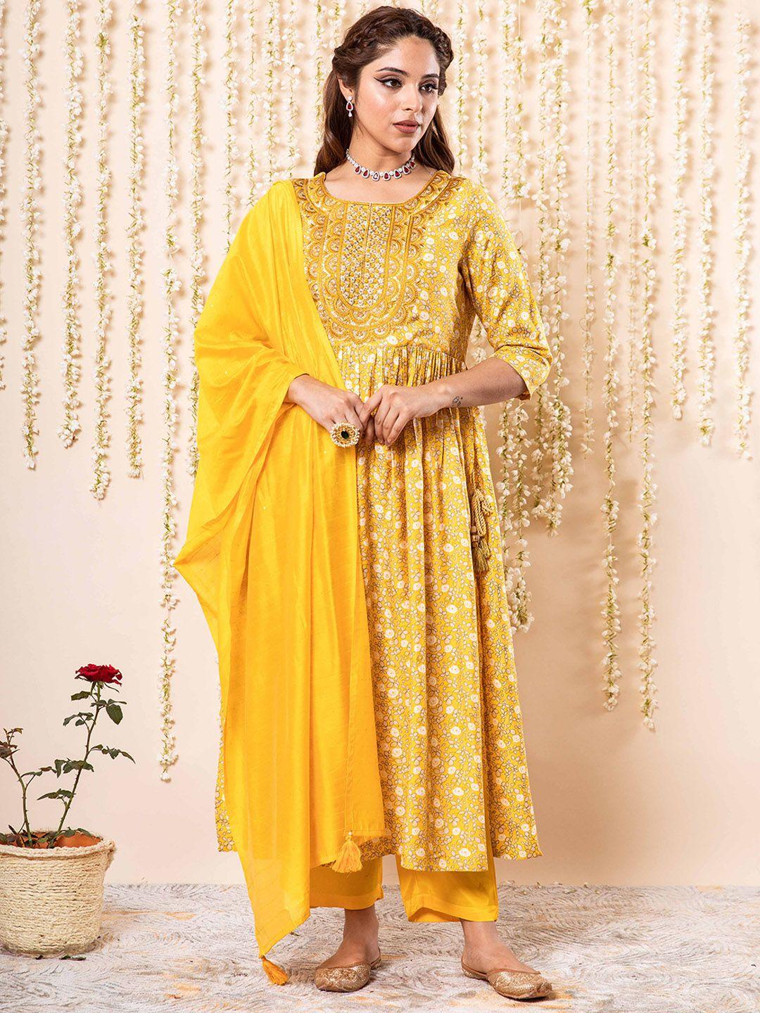 kalini floral printed pleated thread work kurta with trousers & with dupatta
