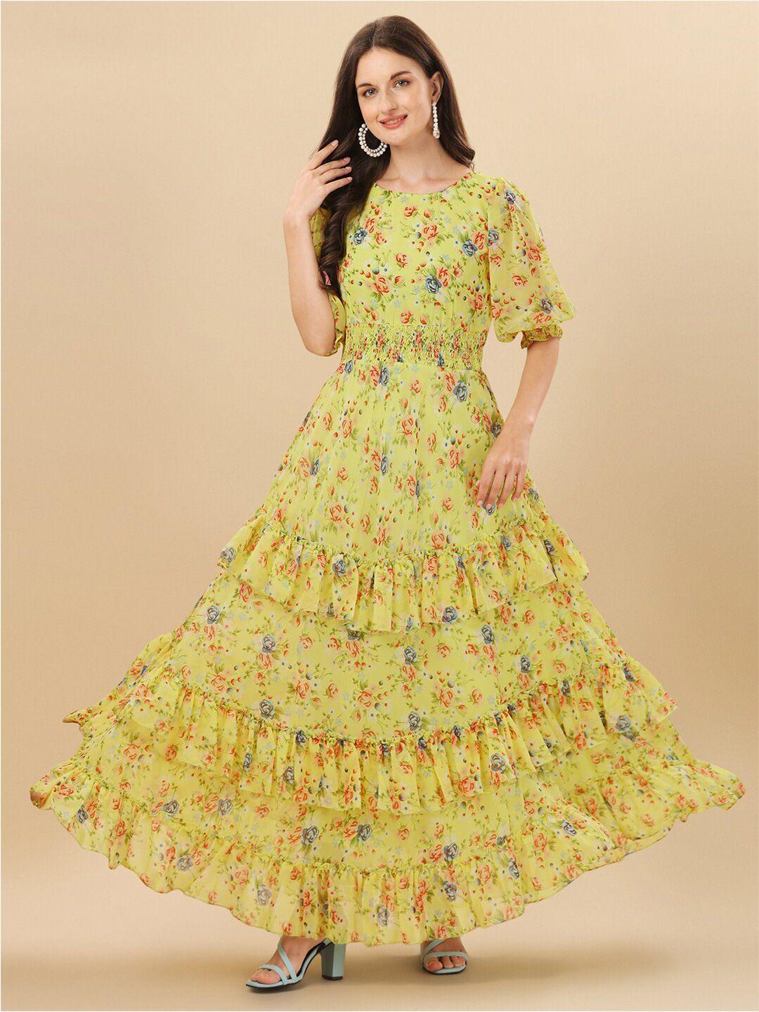 kalini floral printed puff sleeve smocked tiered georgette maxi dress