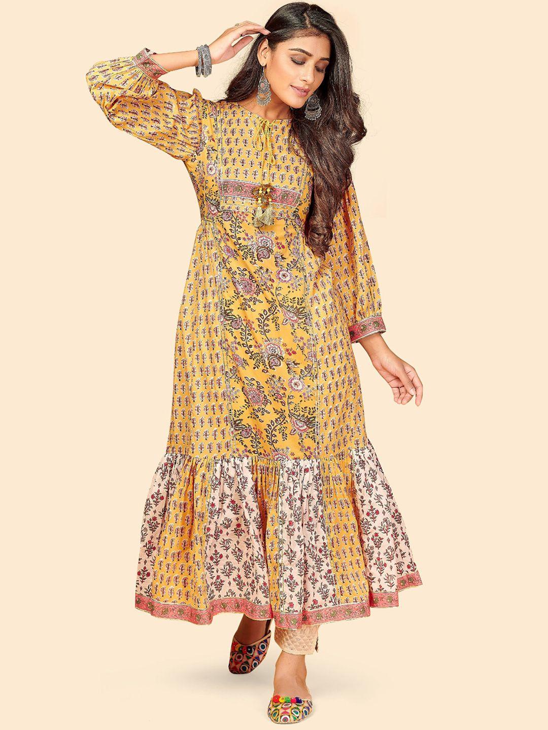 kalini floral printed puff sleeves gotta patti cotton anarkali kurta