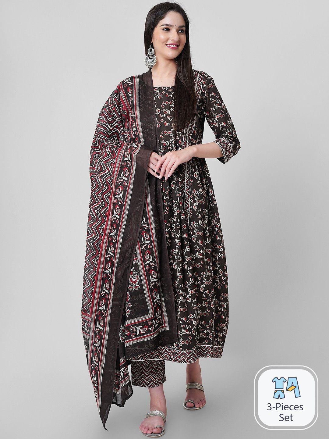 kalini floral printed pure cotton a-line kurta & trousers with dupatta