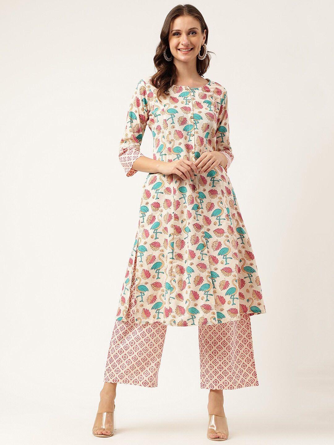 kalini floral printed pure cotton a-line kurta with palazzo