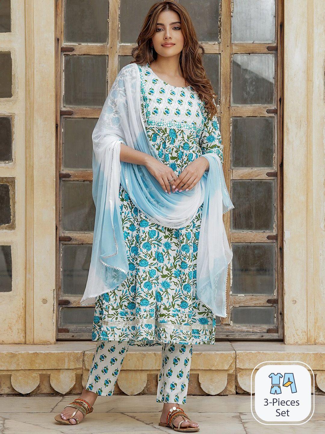 kalini floral printed pure cotton a-line kurta with trousers & dupatta
