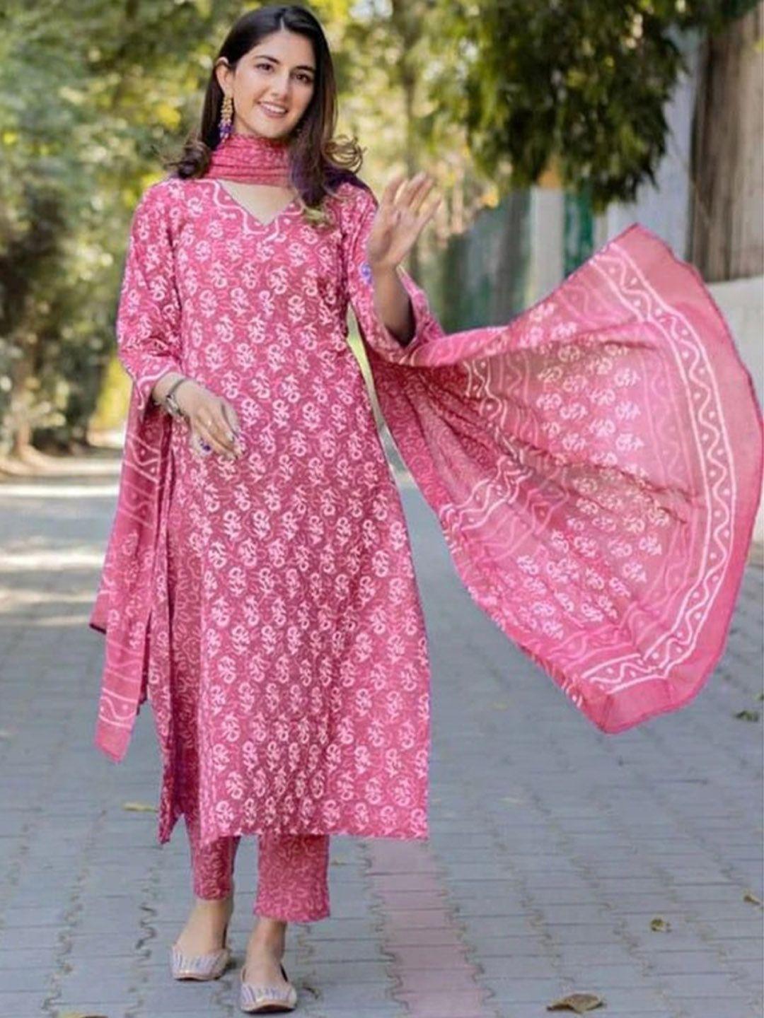 kalini floral printed pure cotton a-line kurta with trousers & with dupatta