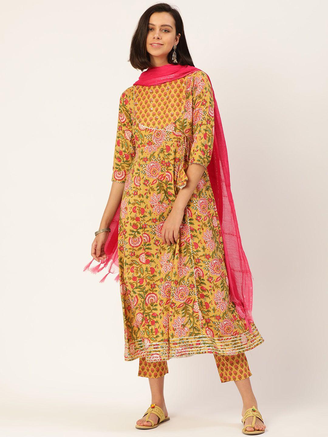 kalini floral printed pure cotton anarkali kurta with trousers & dupatta