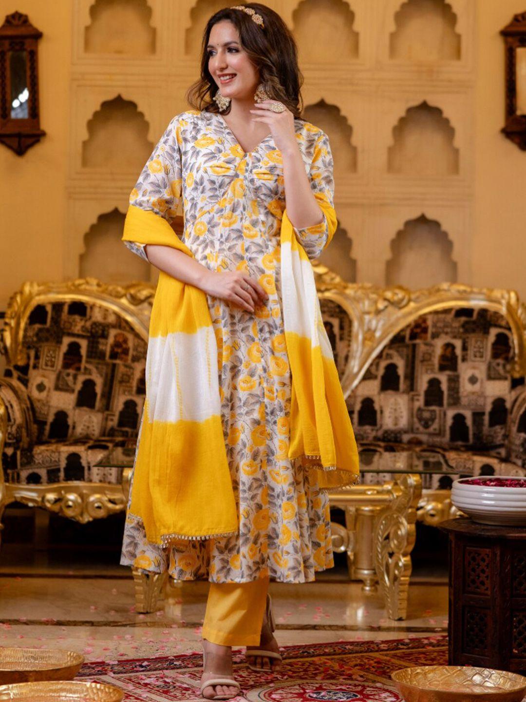 kalini floral printed pure cotton anarkali kurta with trousers & dupatta