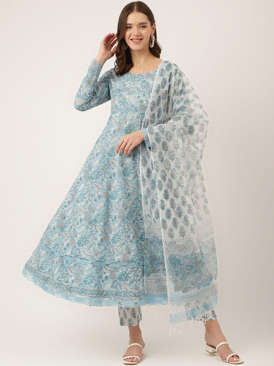 kalini floral printed pure cotton anarkali kurta with trousers & dupatta