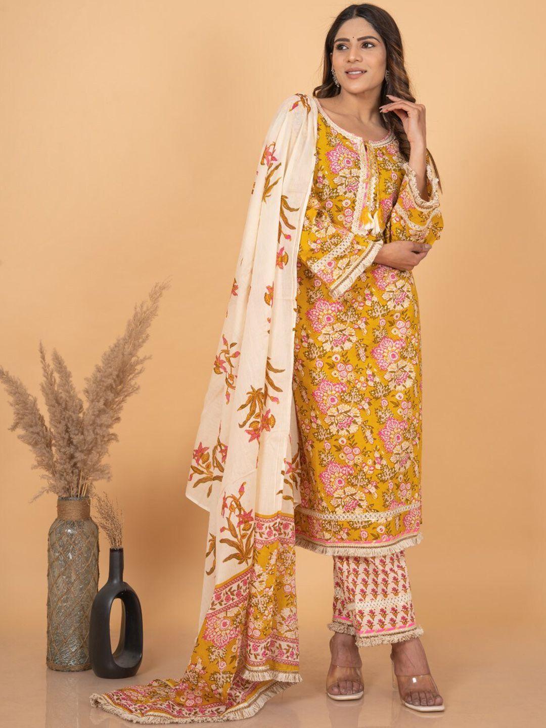 kalini floral printed pure cotton kurta with trousers & dupatta