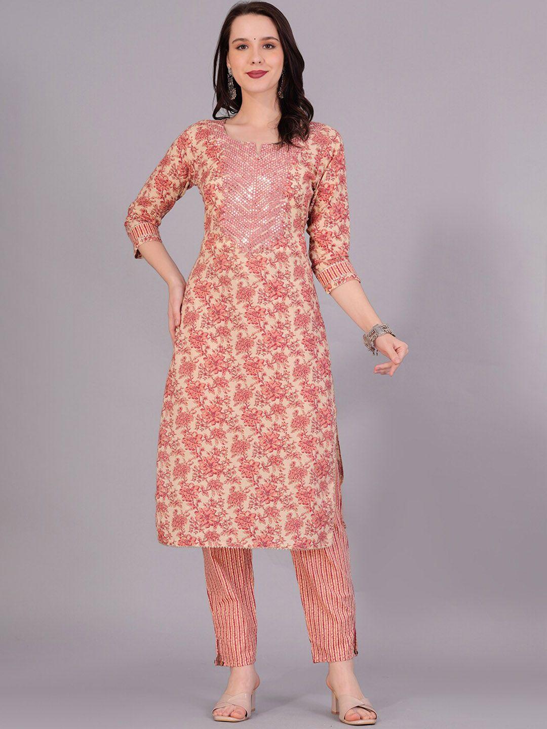 kalini floral printed pure cotton mirror work pure cotton kurta & trousers with dupatta