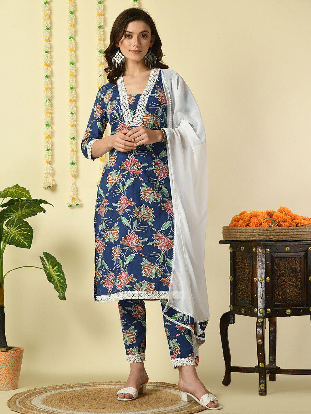 kalini floral printed pure cotton straight kurta & trouser with dupatta