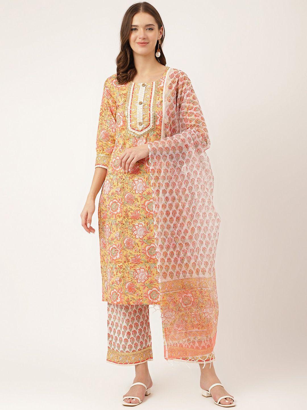 kalini floral printed pure cotton straight kurta & trousers with dupatta