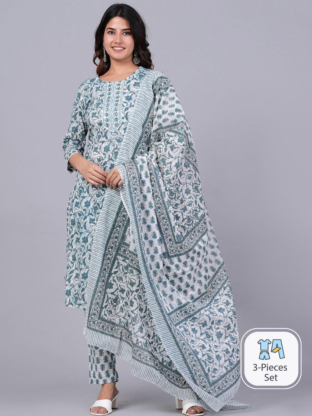 kalini floral printed pure cotton straight kurta with trousers & dupatta