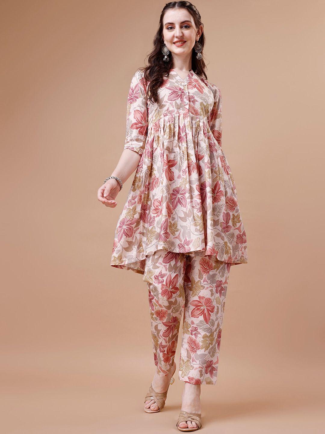 kalini floral printed pure silk pleated a-line kurta with trousers