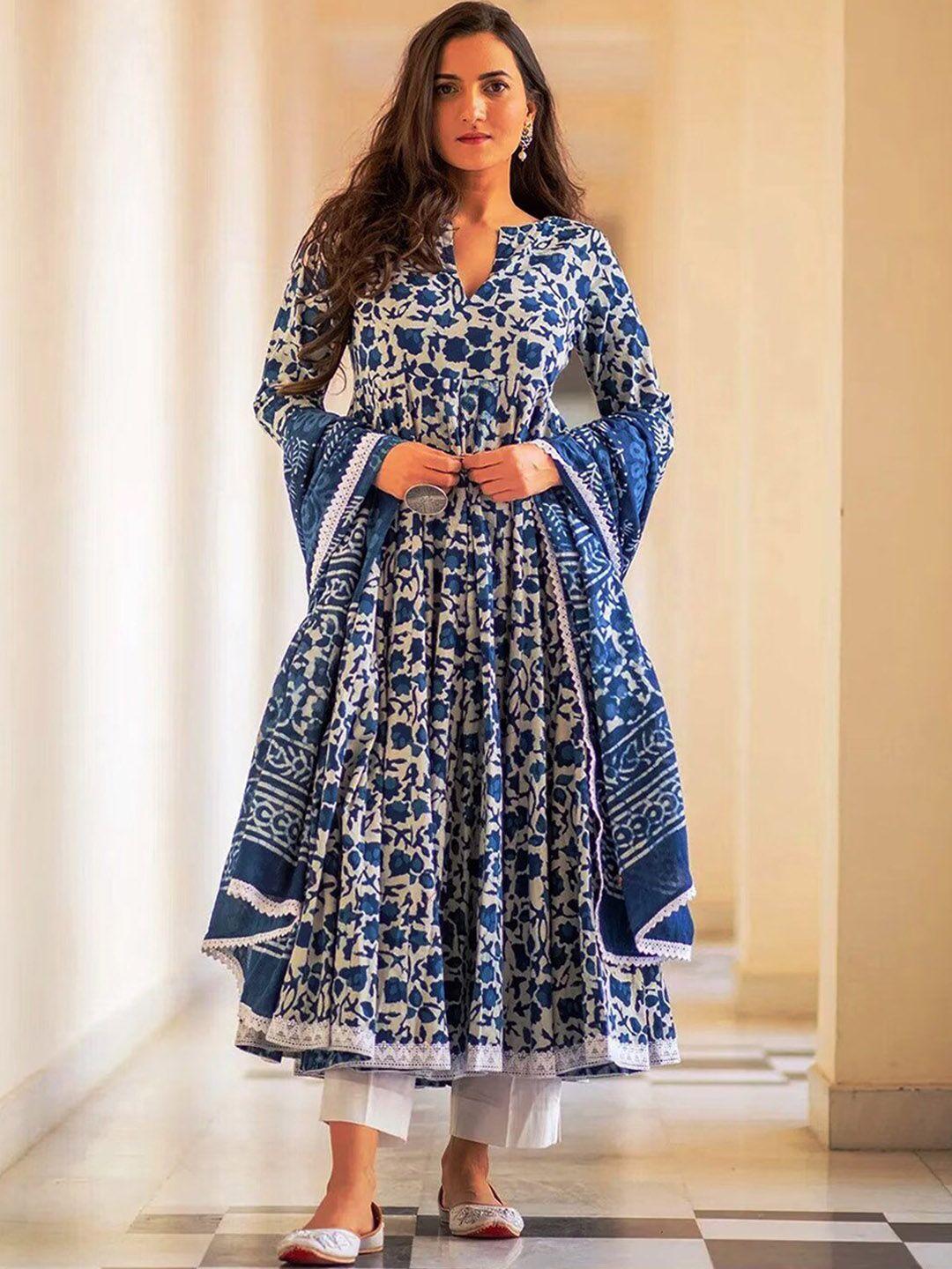 kalini floral printed regular anarkali kurta with trousers & with dupatta