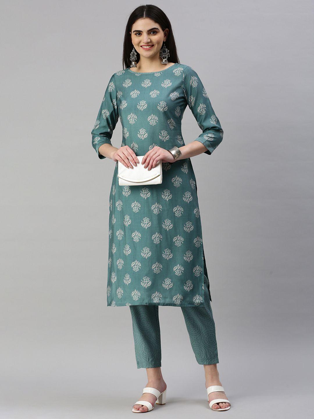 kalini floral printed regular chanderi cotton kurta with trousers