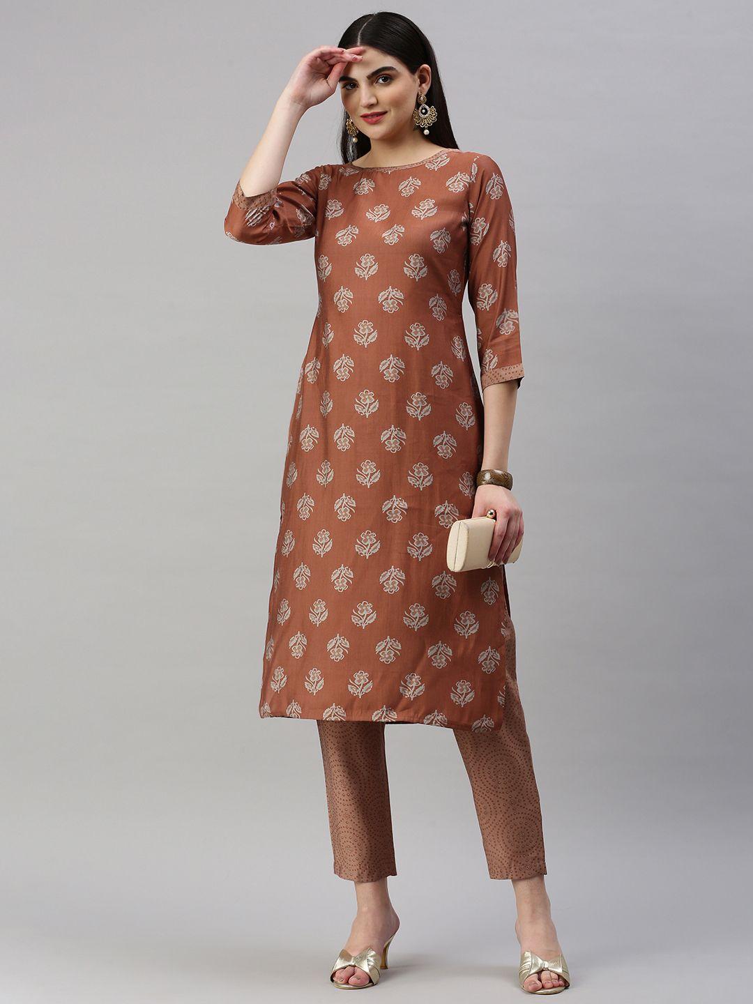 kalini floral printed regular chanderi cotton kurta with trousers