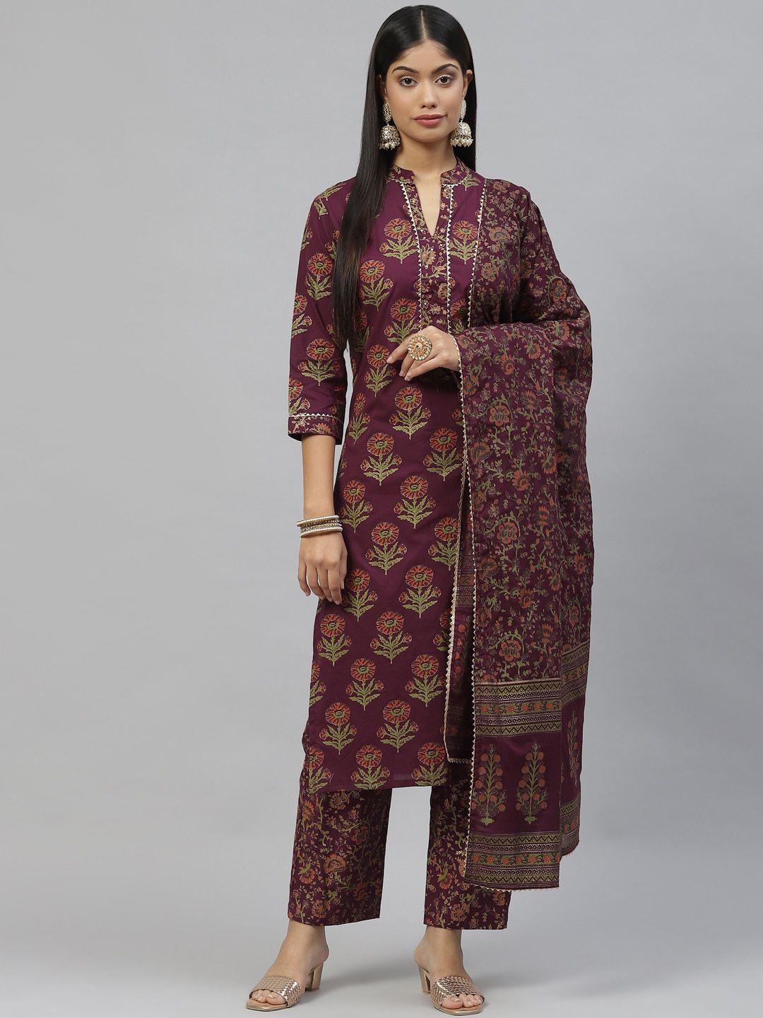 kalini floral printed regular gotta patti pure cotton kurta with trousers & dupatta