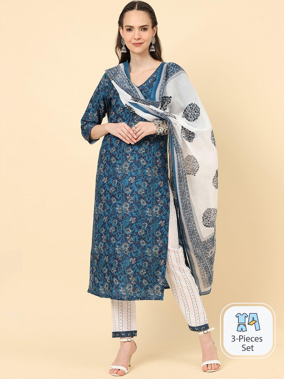 kalini floral printed regular kurta with trousers & dupatta