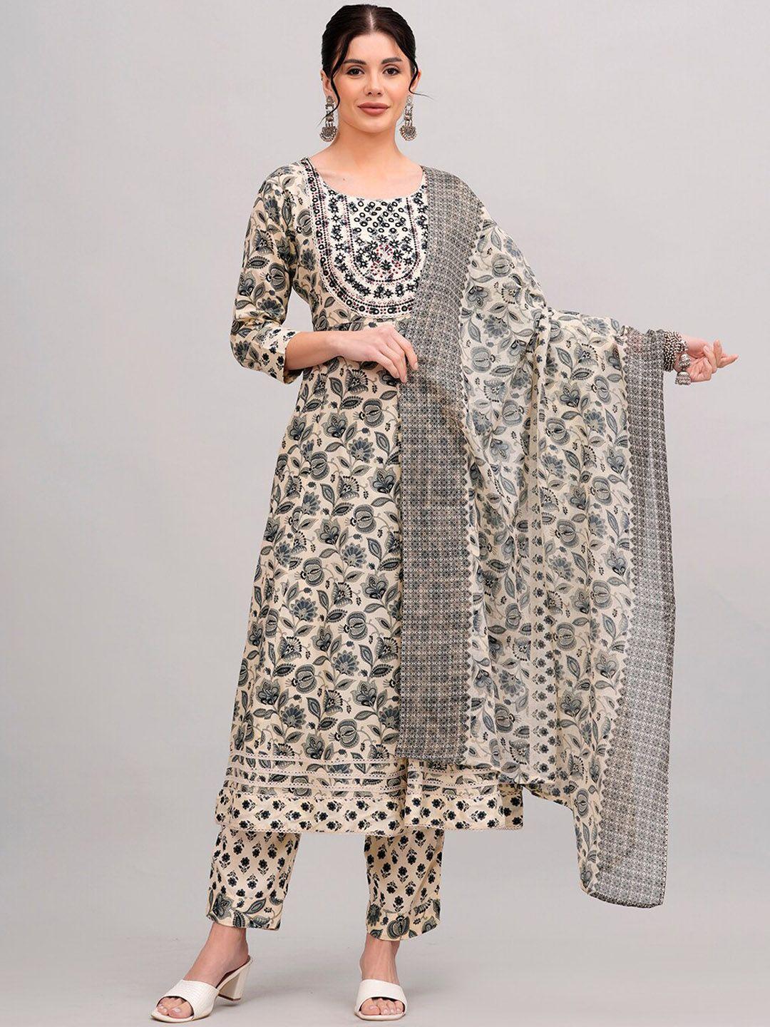 kalini floral printed regular mirror work kurta with trousers & dupatta