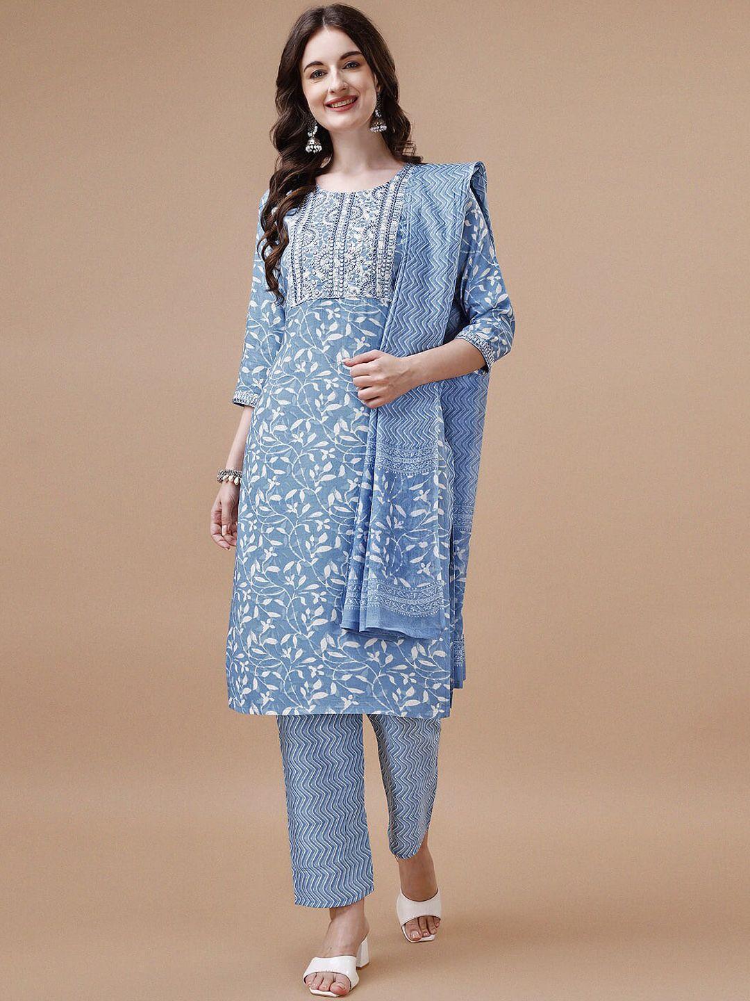 kalini floral printed regular mirror work pure cotton kurta & trousers with dupatta