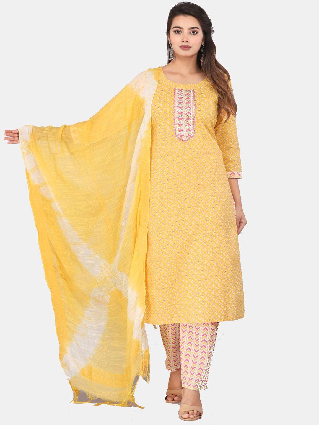 kalini floral printed regular mirror work pure cotton kurta with trousers & dupatta