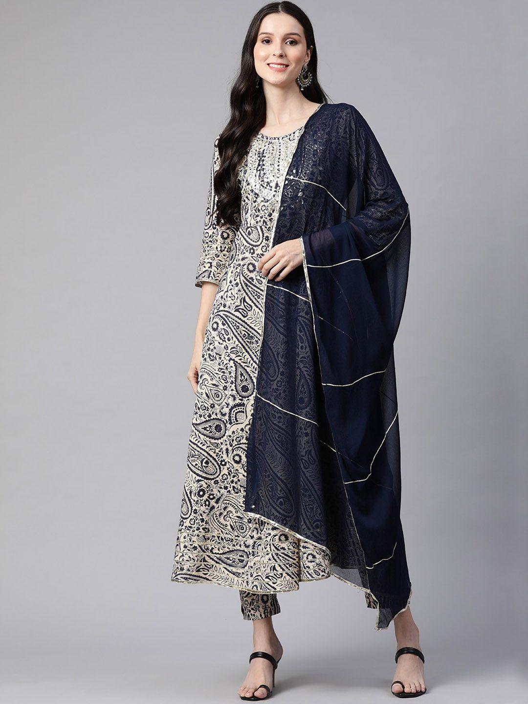 kalini floral printed regular mirror work pure cotton kurta with trousers & dupatta