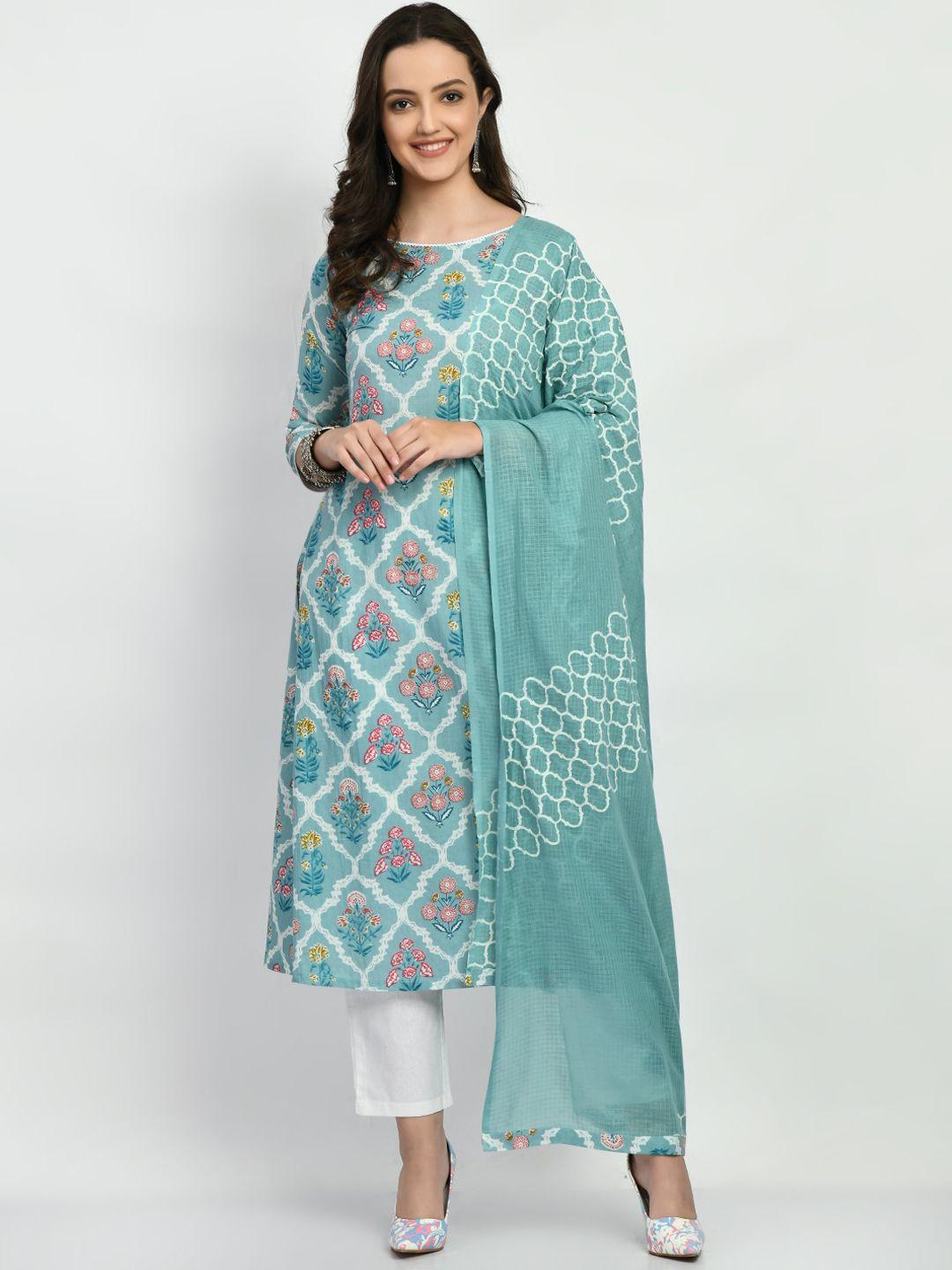 kalini floral printed regular pure cotton a-line kurta & trousers with dupatta