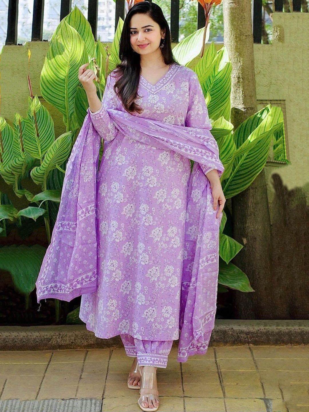 kalini floral printed regular pure cotton kurta with harem pants & dupatta