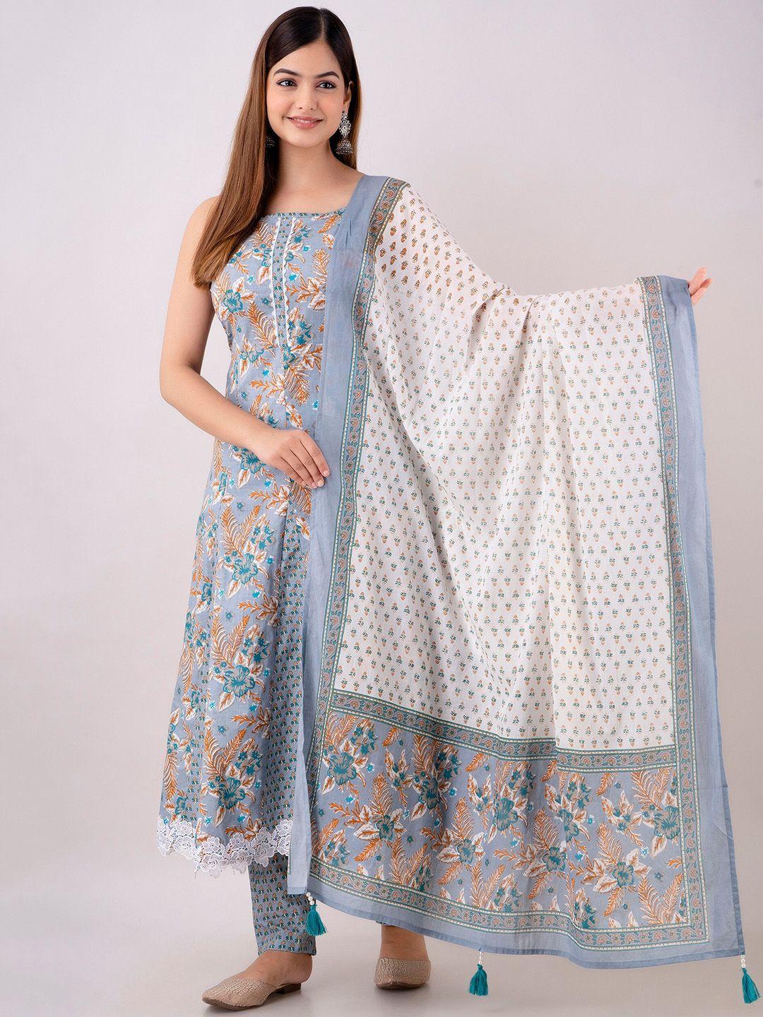 kalini floral printed regular pure cotton kurta with trousers & dupatta