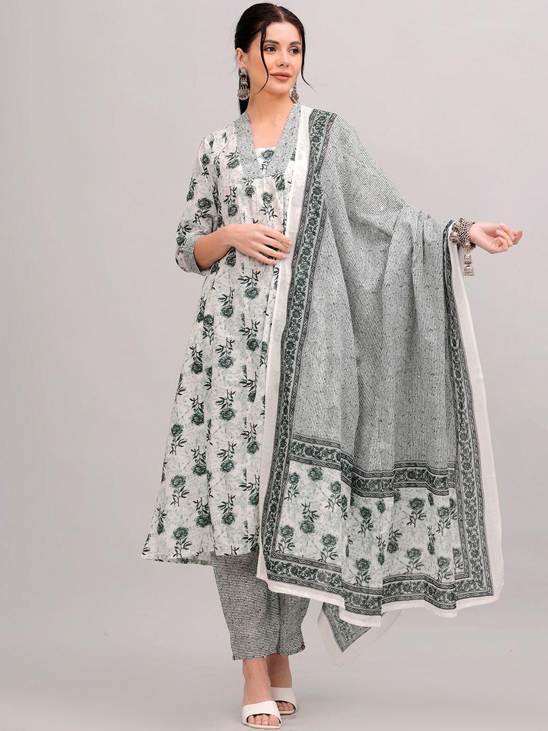 kalini floral printed regular pure cotton kurta with trousers & dupatta