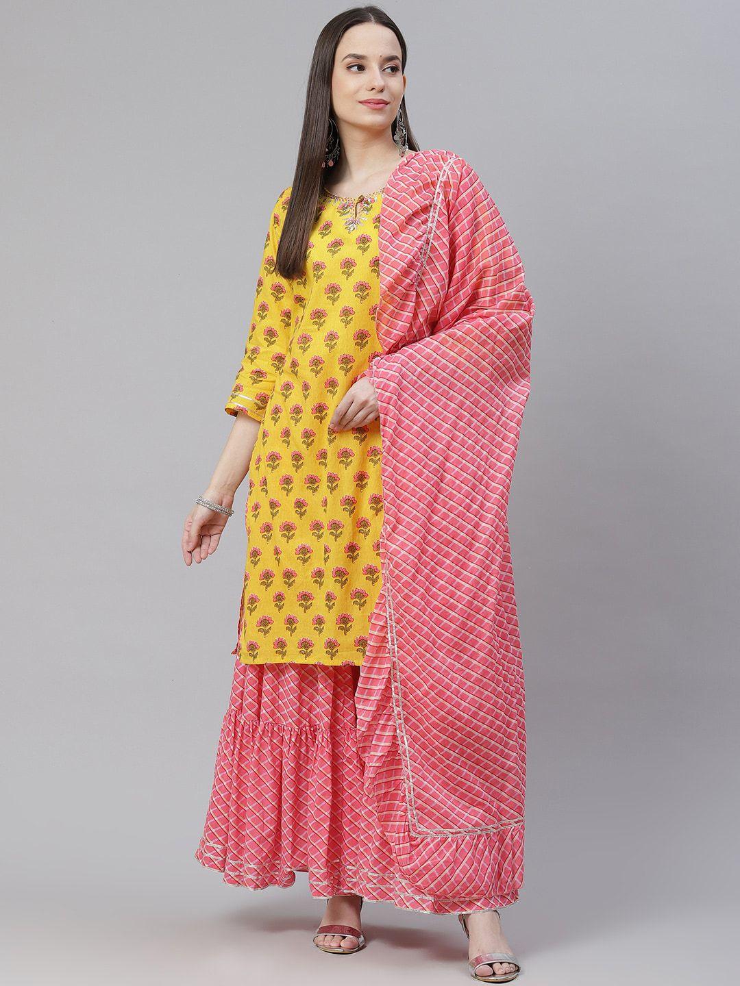 kalini floral printed regular pure cotton kurti with sharara & dupatta