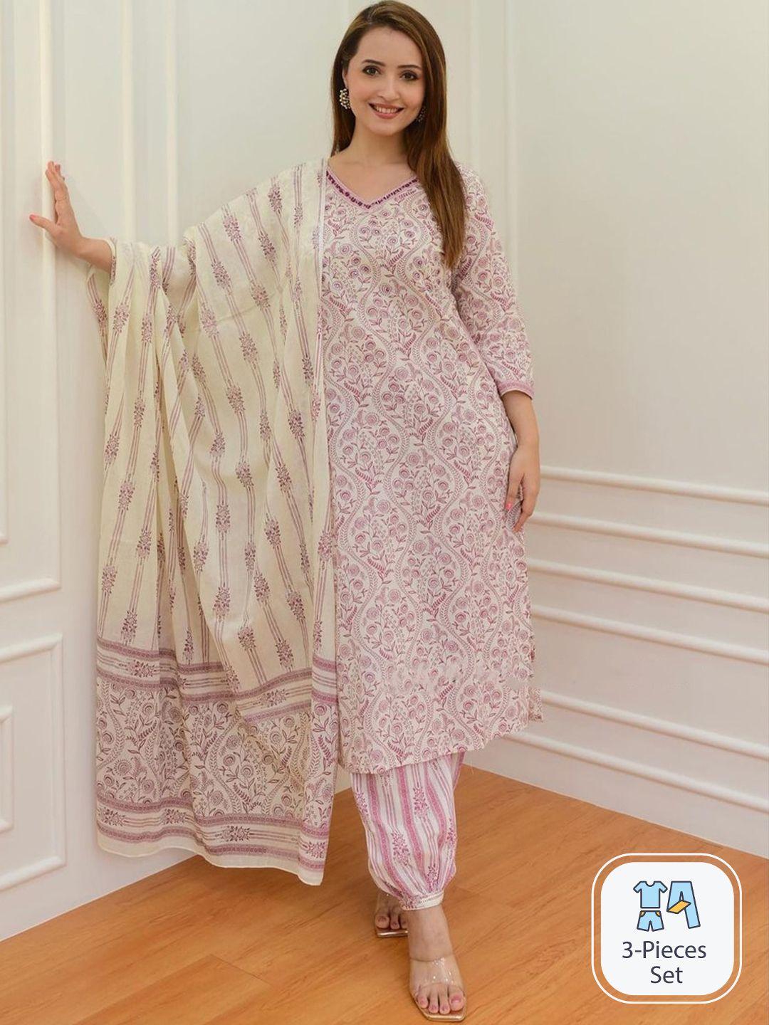 kalini floral printed regular pure cotton straight kurta & harem pants with dupatta